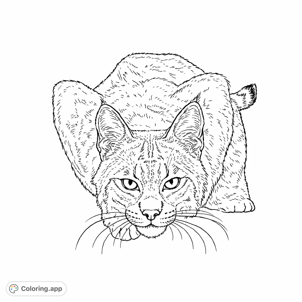 A striking bobcat coloring page featuring an intense, watchful gaze. Capture the wild essence of this magnificent feline with intricate fur patterns and detailed features.