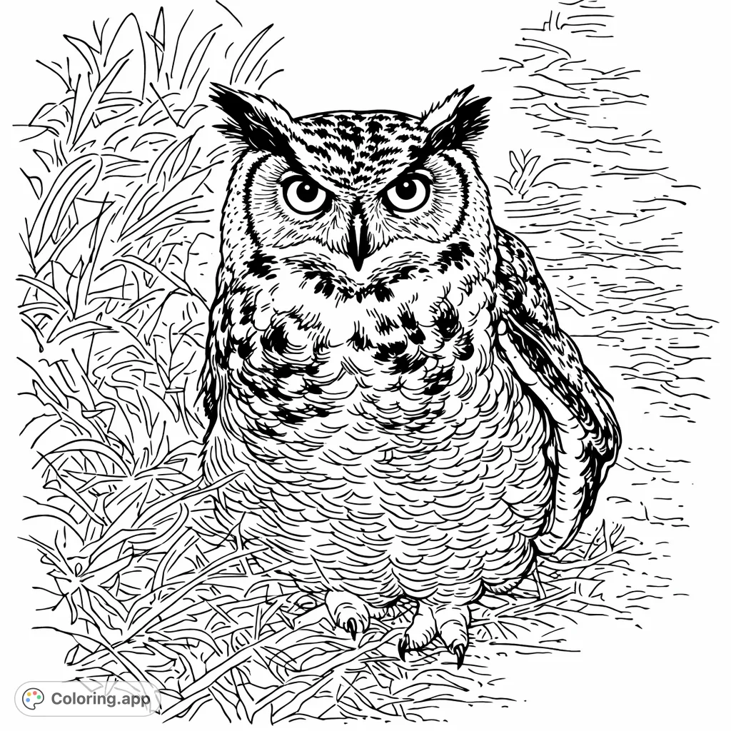 Encounter a magnificent wild owl with intricate feather patterns and piercing eyes, surrounded by natural ground cover. A detailed nature coloring page.