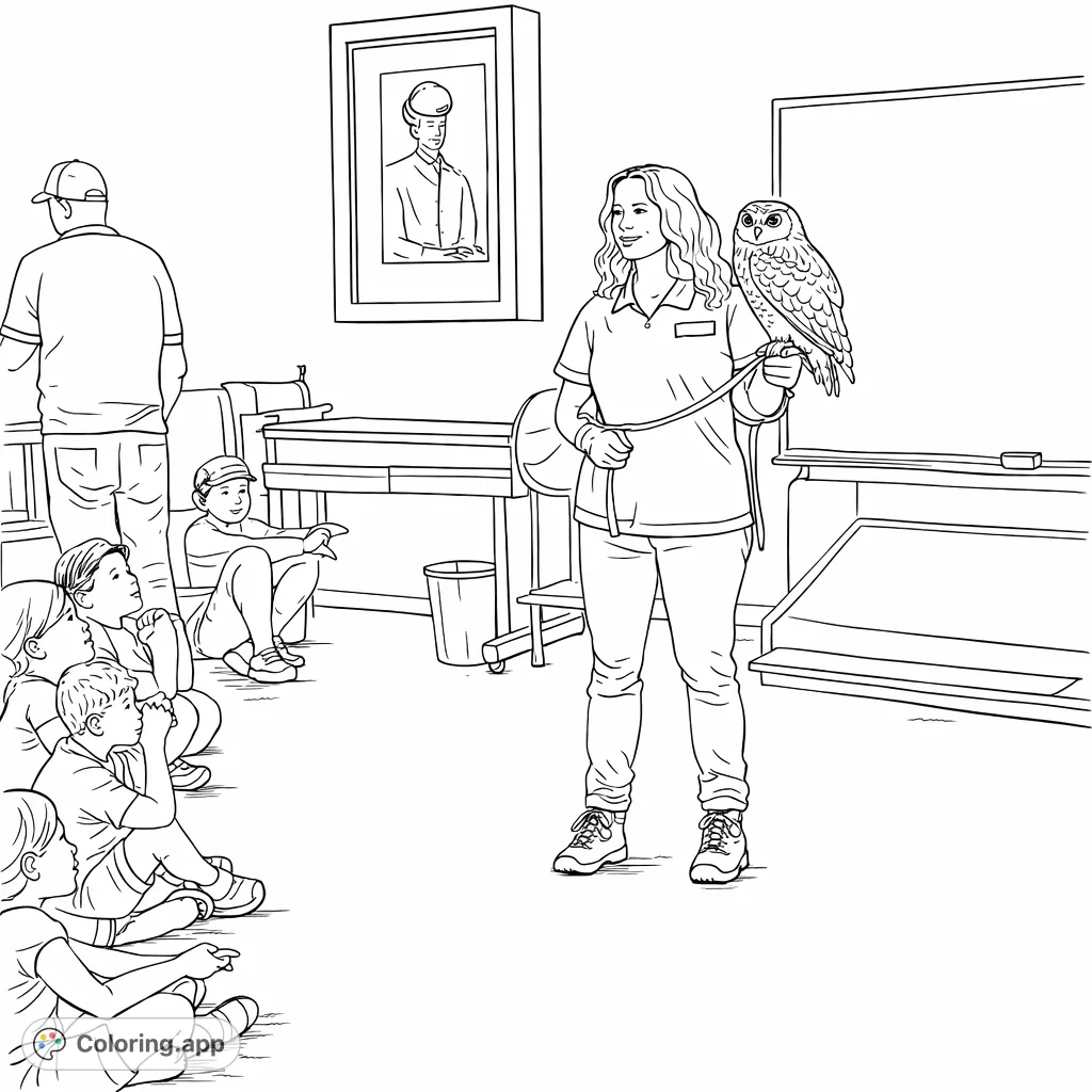Experience an engaging educational owl presentation! A handler showcases a majestic owl to an attentive audience, perfect for nature and animal enthusiasts.