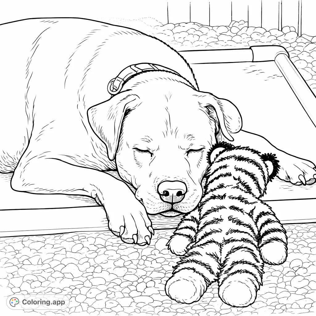 A heartwarming scene of a gentle dog peacefully napping with its beloved striped plush toy on a cozy cot. Perfect for animal lovers of all ages.