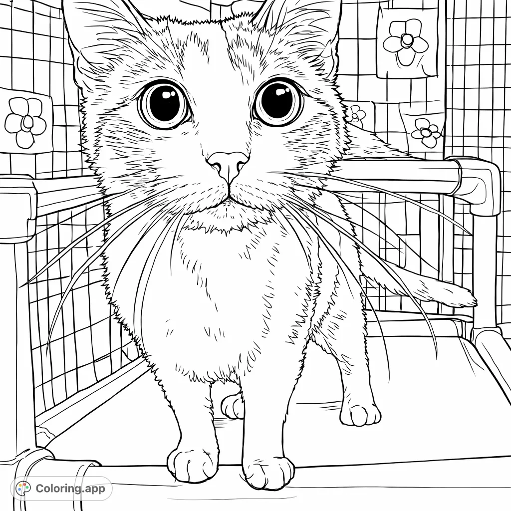 An adorable cat with large, expressive eyes and long whiskers looks intently at you. Perfect for feliine lovers of all ages to color and bring to life.