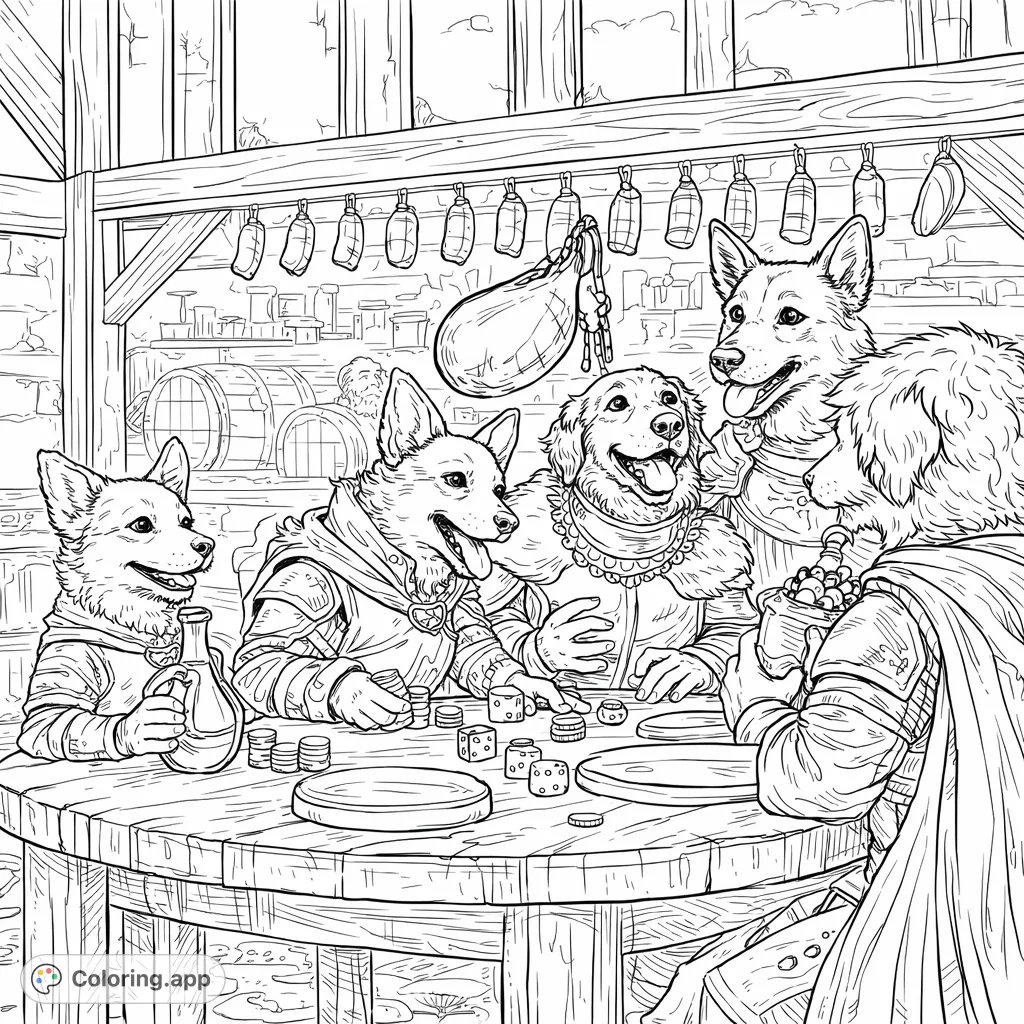 An anthropomorphic dog gathering, playing a game of dice and tokens in a rustic tavern setting, with detailed characters and background elements.
