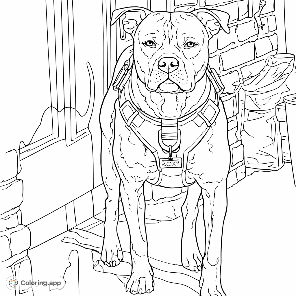 A striking dog portrait featuring a sturdy canine in a harness, with unique background elements and an intriguing elephant shadow, perfect for pet lovers.