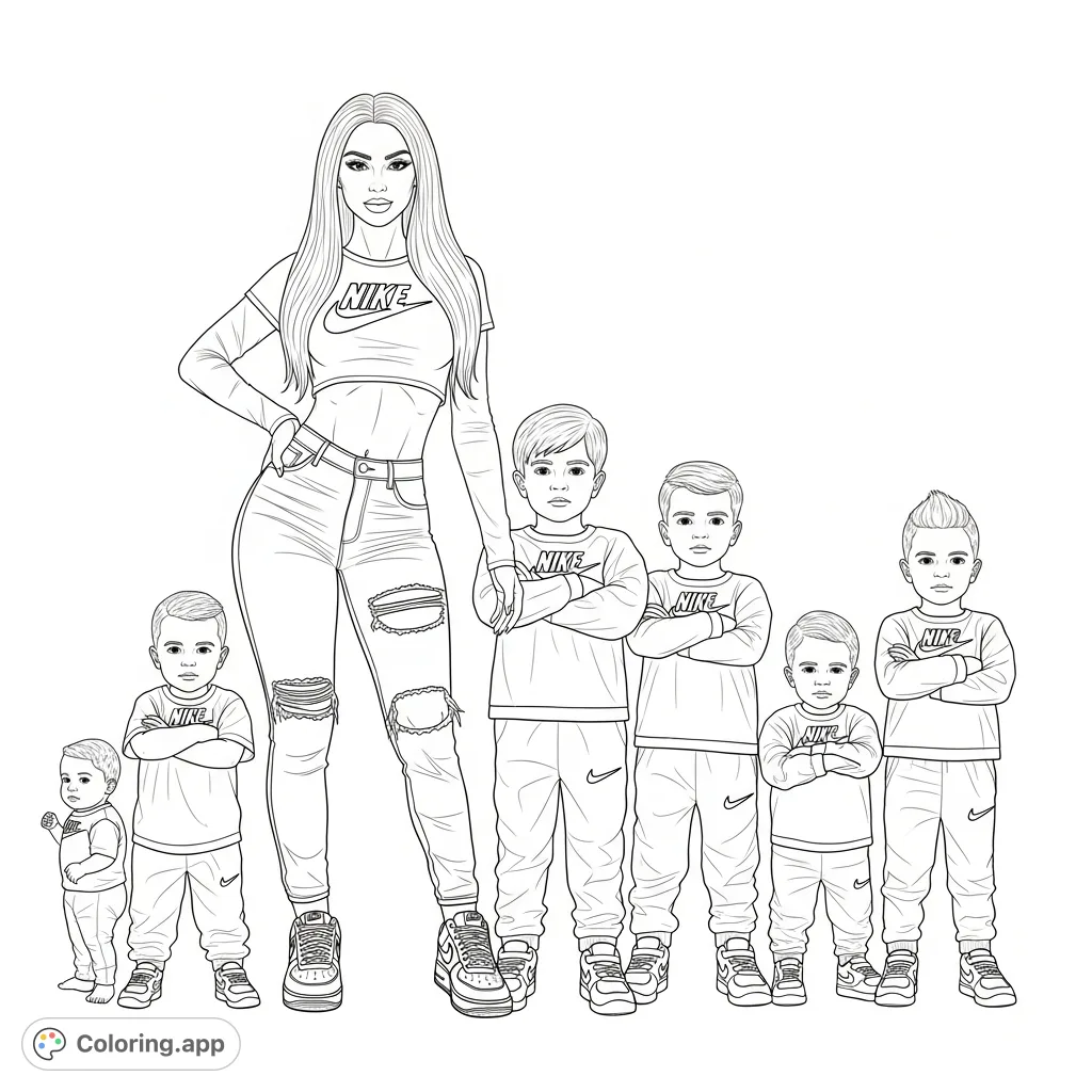A confident mom stands with her six protective sons, all in stylish outfits. A powerful family portrait for a fun coloring session!