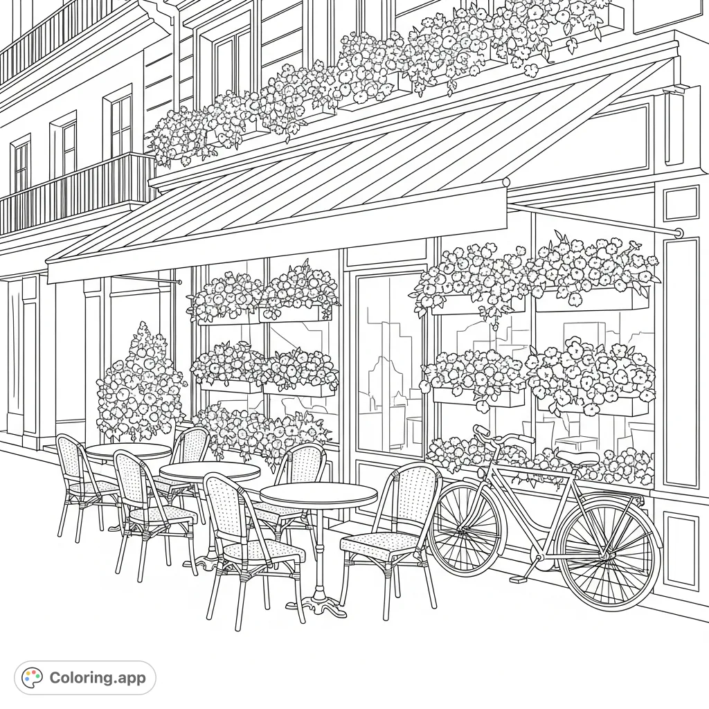 Step into a charming Parisian sidewalk cafe coloring page, featuring bistro tables, wicker chairs, a striped awning, and a flower-filled storefront with a vintage bicycle.