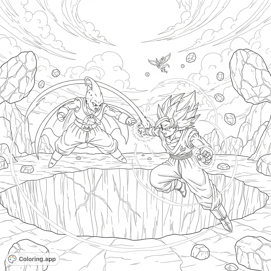 Witness an epic clash! Super Saiyan 5 Gohan skillfully dodges Kid Buu's elongated arm in a scarred crater under an ominous sky, preparing a powerful counter.