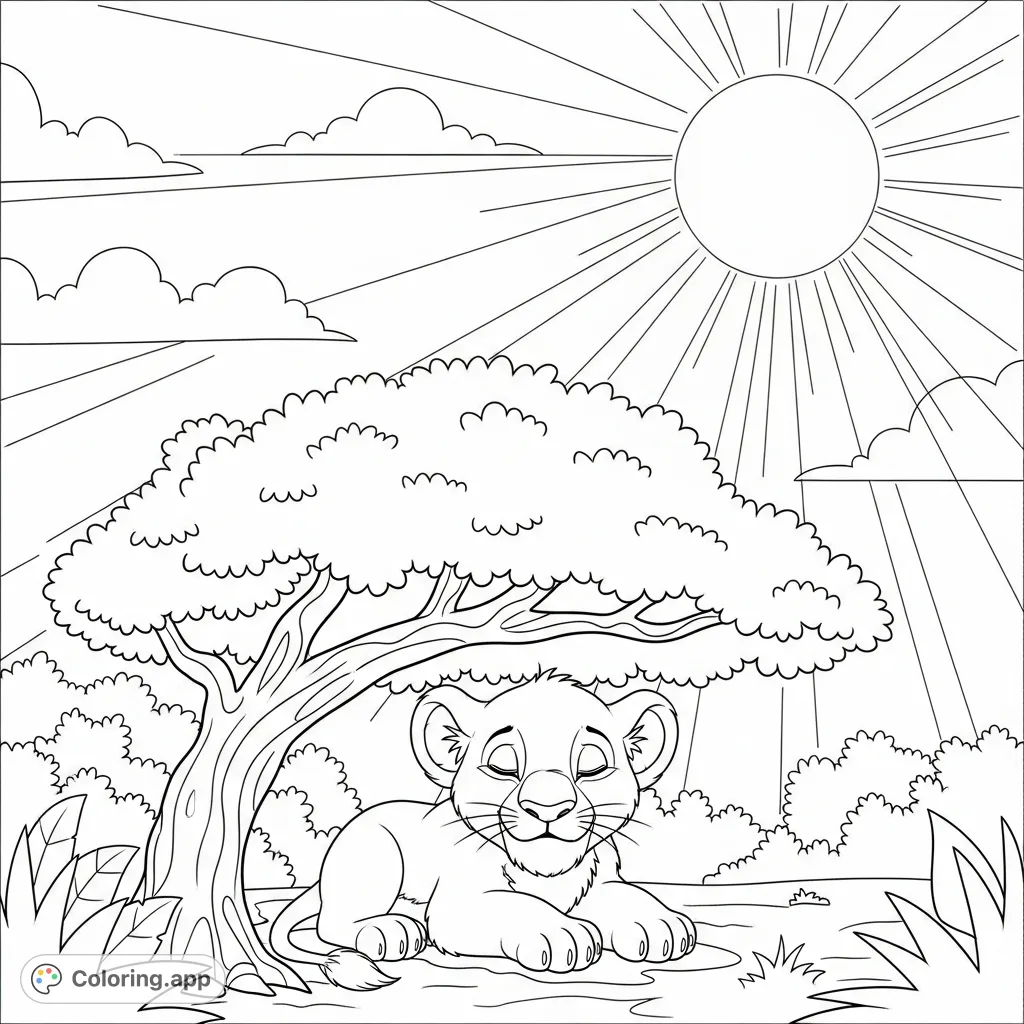 A heartwarming baby lion cub awakening under a lush jungle tree, with a gentle smile and a radiant sun, ready for a day of adventure.
