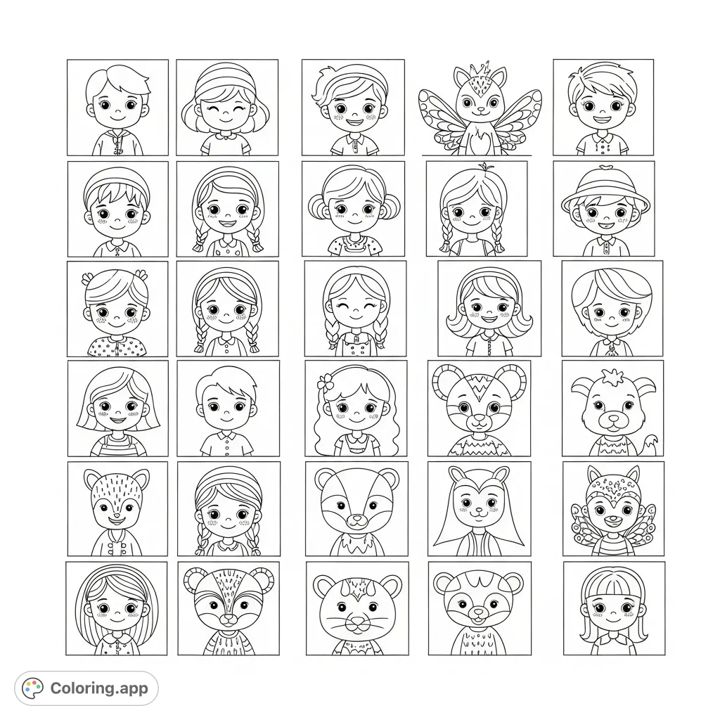 Discover a charming array of whimsical characters in 20 unique squares. Perfect for all ages, this free printable coloring page offers endless creative fun.