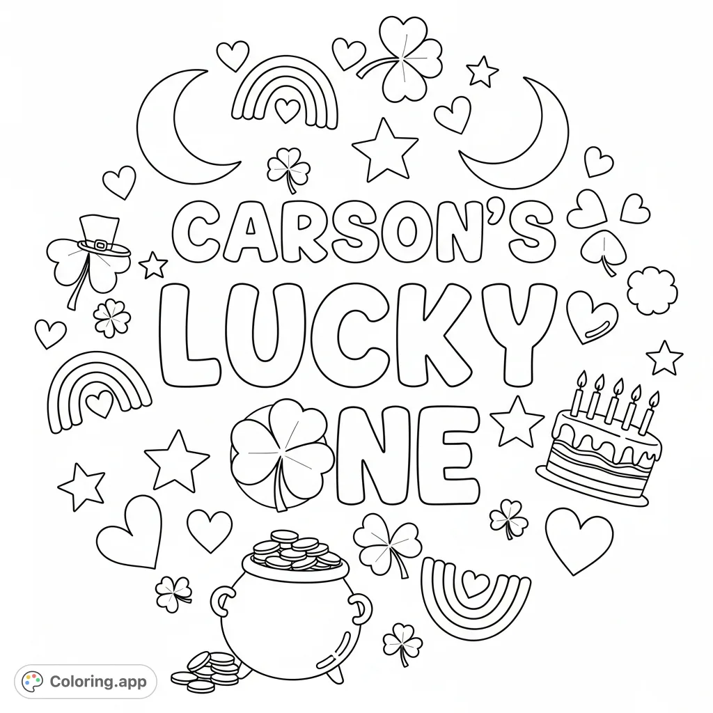 A festive St. Patrick's Day coloring page featuring "Carson's Lucky One" with a shamrock 'o', surrounded by stars, moons, hearts, rainbows, and a pot of coins. Perfect for a joyful celebration!