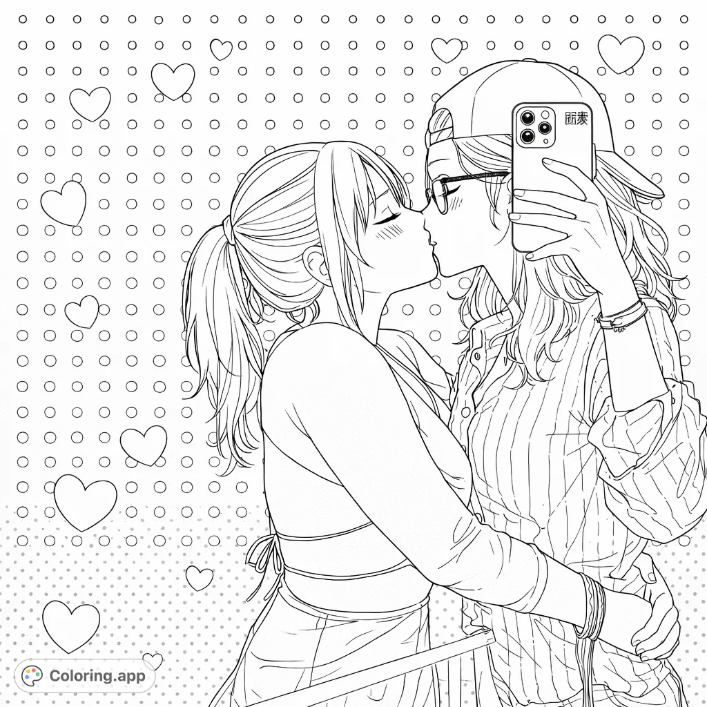 An anime-inspired coloring page featuring an affectionate couple kissing, enhanced with decorative hearts and a polka dot background. A sweet, minimalist design.