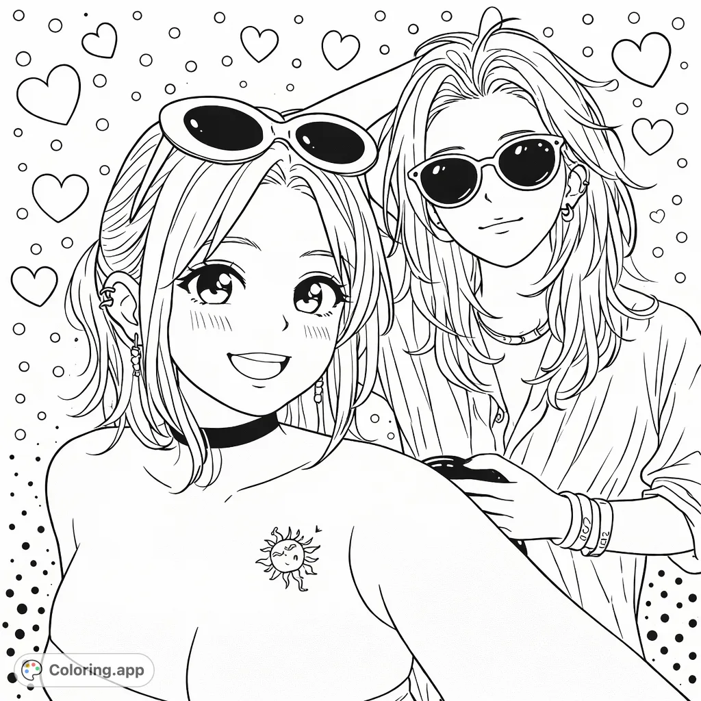 Two stylish friends in an anime-inspired scene, featuring decorative heart patterns and a playful polka dot background. A free printable coloring page!