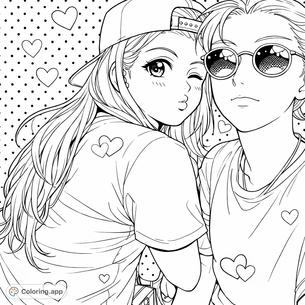 An anime-inspired coloring page featuring two friends, one winking playfully, adorned with decorative heart patterns and a polka dot background for creative fun.
