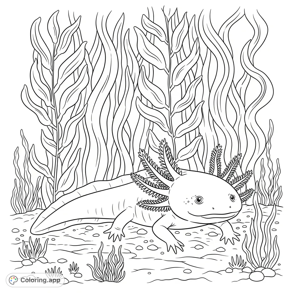 Discover a serene axolotl relaxing amidst flowing kelp in an enchanting underwater forest. A calming ocean animals coloring page, perfect for relaxation.