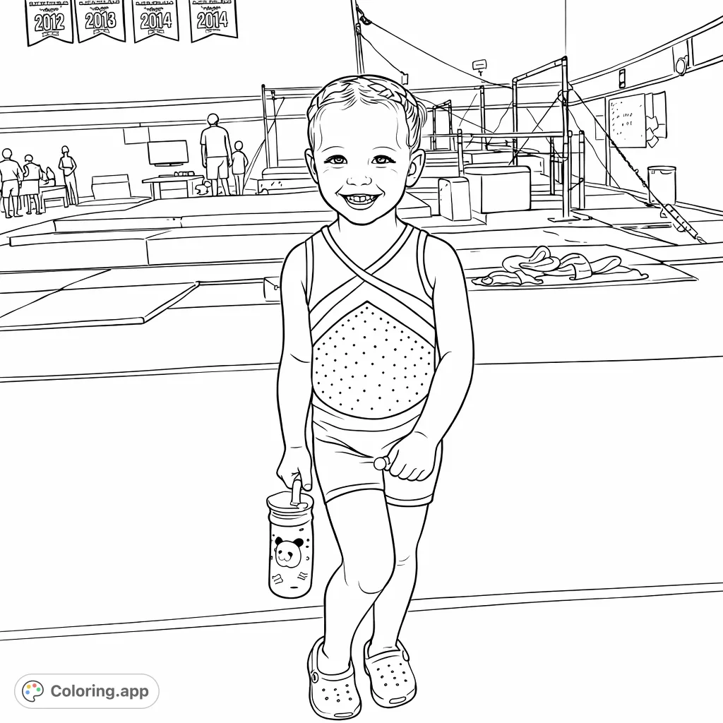 A cheerful young gymnast poses in her leotard in a gym, holding a water bottle. Perfect for kids who love sports and active fun.