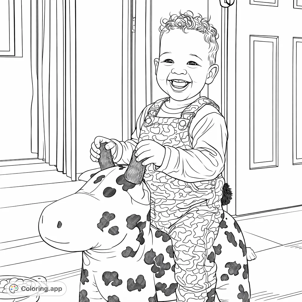 Capture a delightful moment of a happy toddler riding a spotted toy animal. This charming free printable coloring page is perfect for kids and families.