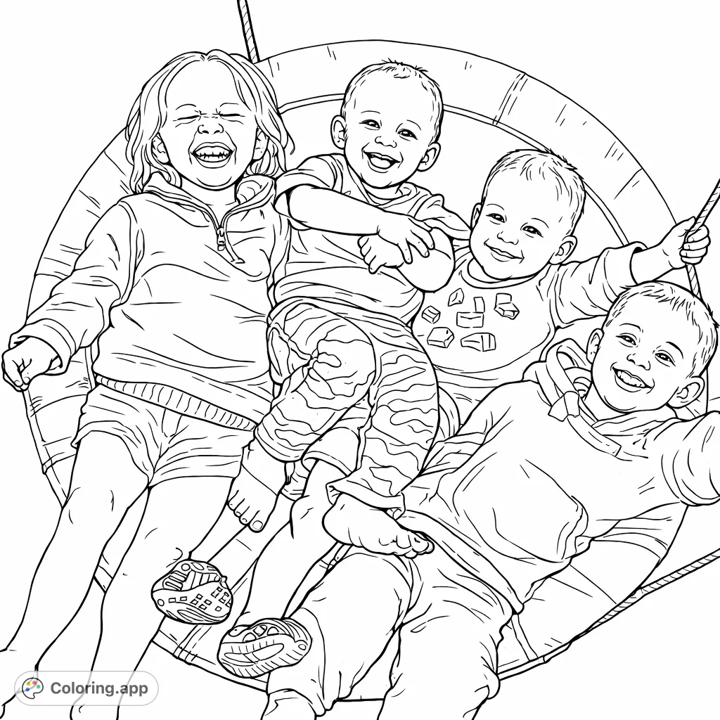 A heartwarming coloring page featuring four happy children laughing and smiling while relaxing on a large, multi-sectioned round swing outdoors.