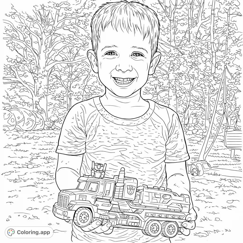 A cheerful child holds a detailed toy truck, featuring mechanical elements and a distinct emblem, set against an outdoor backdrop of trees and play areas.