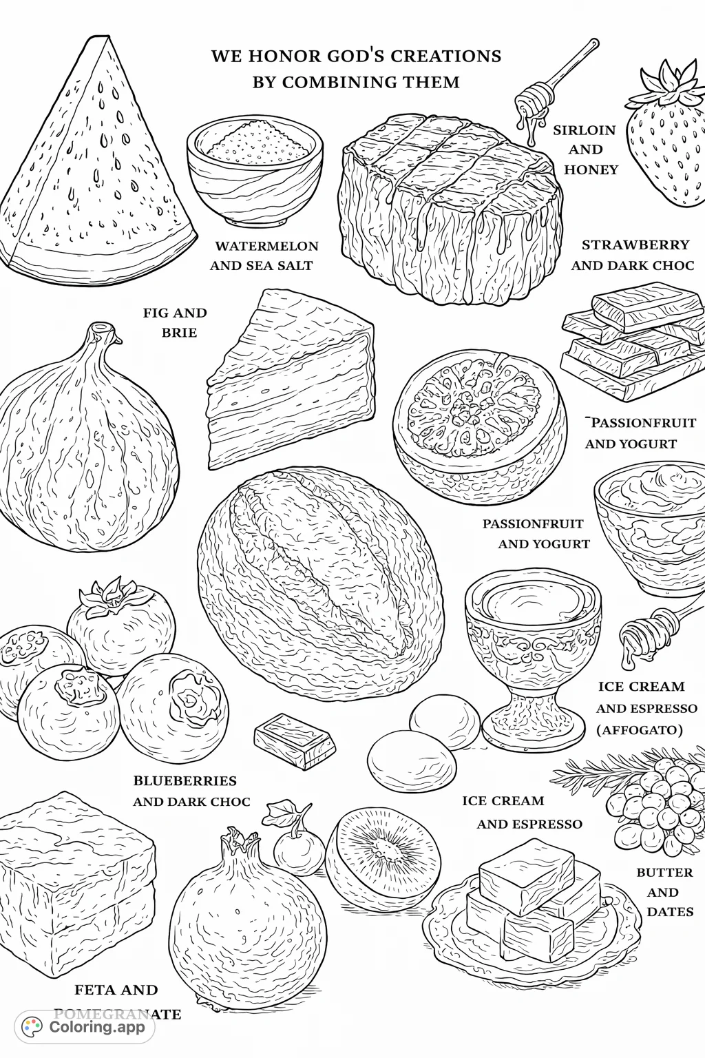 A delicious collection of diverse culinary ingredients like fruits, cheese, meats, and baked goods, offering a delightful and detailed food coloring page experience.
