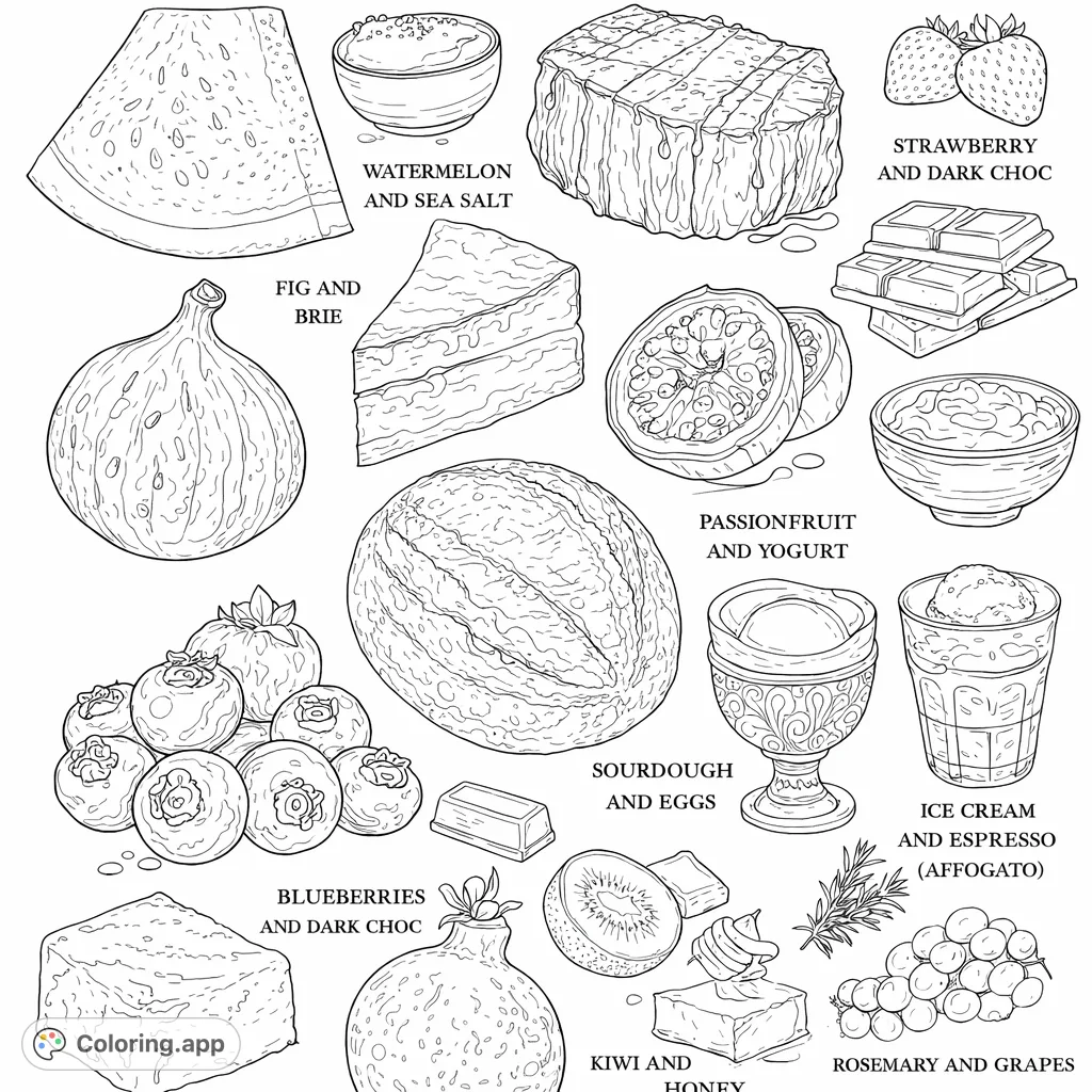 A rich assortment of gourmet food items from fruits and cheeses to baked goods and desserts, offering a detailed and engaging coloring experience for food enthusiasts.