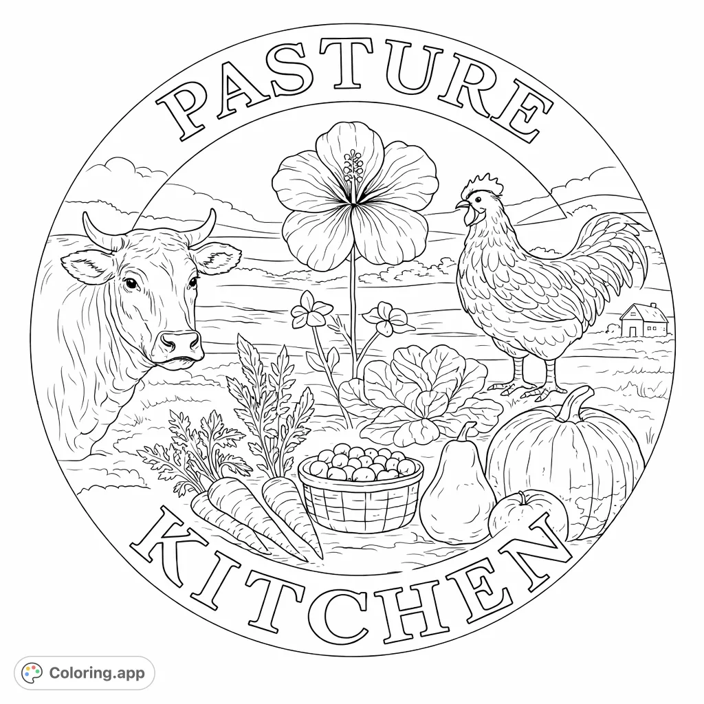 Color a charming rustic farm sign featuring a cow, chicken, large flower, and a bountiful harvest of produce and a pie, set against a pastoral landscape.