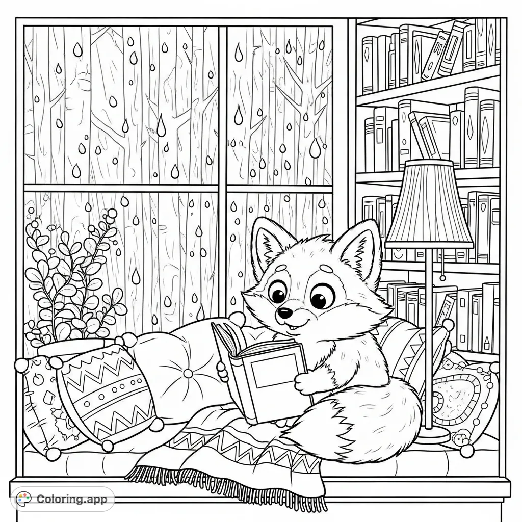 A charming forest fox enjoys a book by a rainy window in a cozy library. Perfect for a relaxing coloring escape on a quiet day.