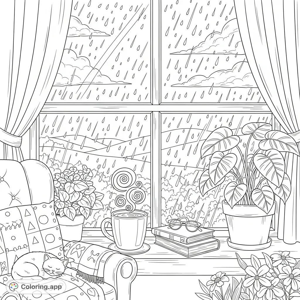 A heartwarming rainy day window scene featuring a steaming mug, books, a sleeping cat, and rolling hills. Perfect for a relaxing coloring experience.