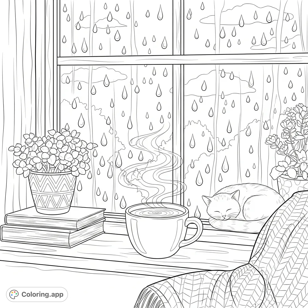 Experience a peaceful moment with a steaming mug, sleepy cat, and books by a rain-streaked window, overlooking a serene landscape. A cozy rainy day coloring page.