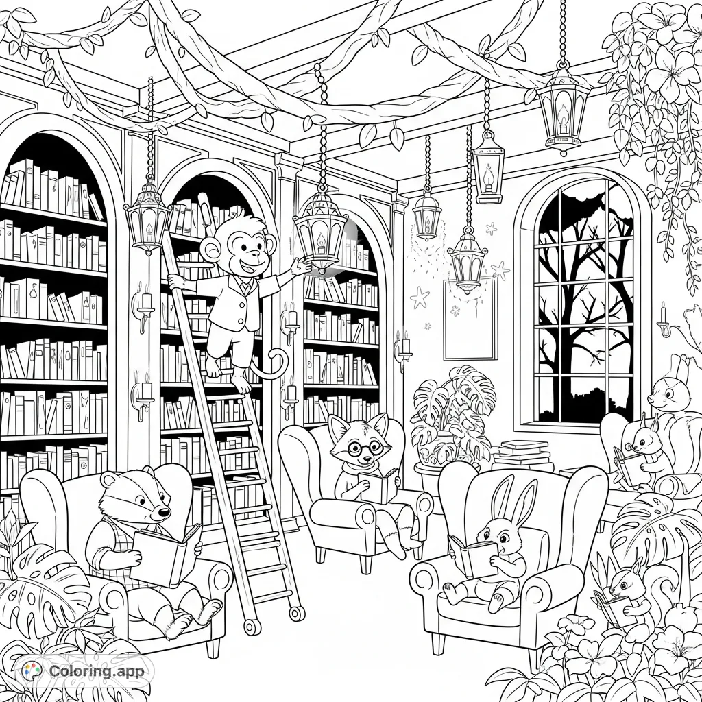 Discover a charming forest library where a monkey librarian lights lanterns for animal patrons reading in cozy chairs amidst towering bookshelves and leafy vines.