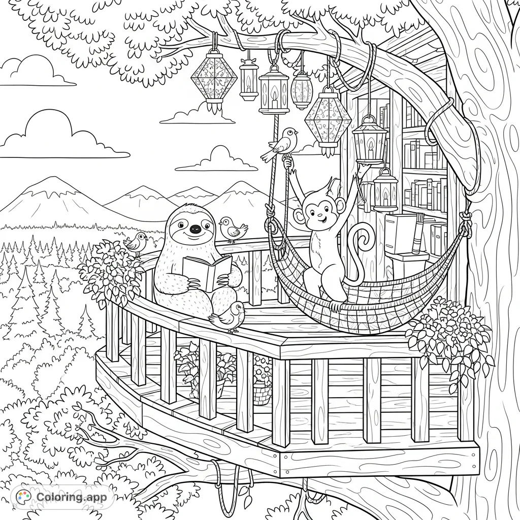Explore a whimsical treehouse library! A sloth librarian reads in a hammock while a monkey assistant hangs lanterns. Perfect for forest and animal lovers.