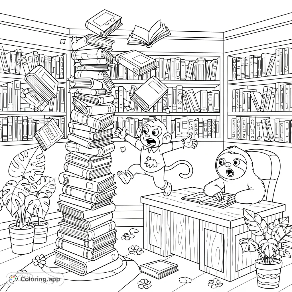 A whimsical library scene featuring a monkey assistant desperately trying to catch a collapsing book stack, while a sloth librarian watches in shock.