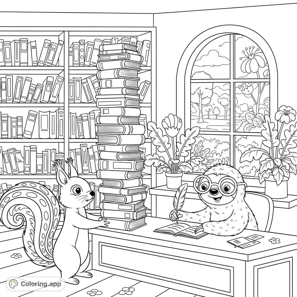 Experience a charming library scene featuring a busy squirrel returning overdue books to a calm sloth librarian amidst towering shelves and a peaceful window view.