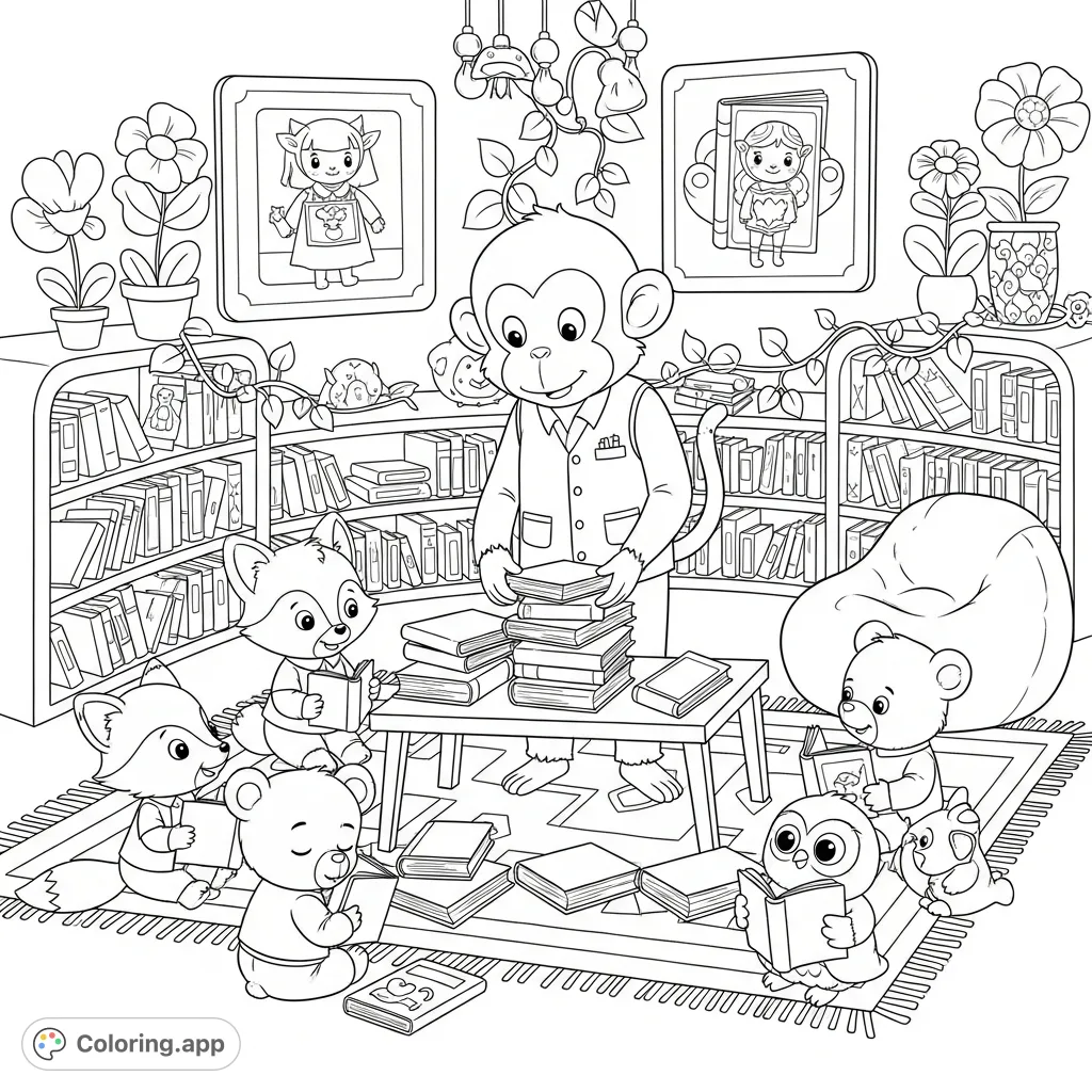 A charming children's library scene with a monkey assistant organizing books while forest animal children listen attentively after story time. Perfect for young learners!