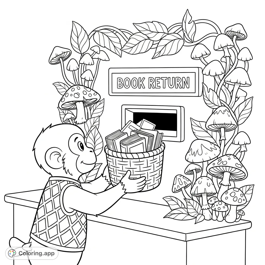 A charming monkey library assistant empties a basket of books at a detailed return slot adorned with mushrooms and vines. A delightful free printable coloring page.
