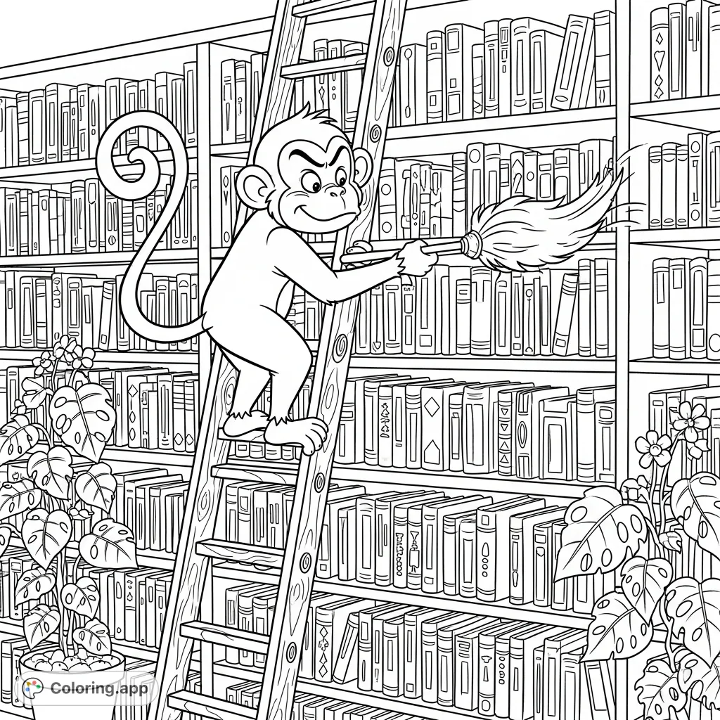 A charming monkey assistant diligently dusts vast library book stacks from a tall ladder, feather duster in hand. A delightful, detailed scene for coloring enthusiasts.