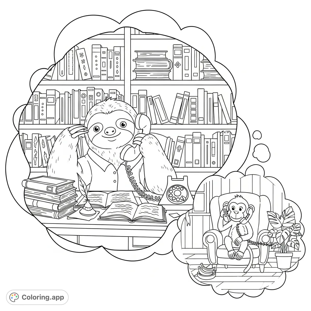 Two cozy cloud bubbles reveal a charming sloth librarian on a phone call in her book-filled cottage library, chatting with her monkey assistant in a comfy home.
