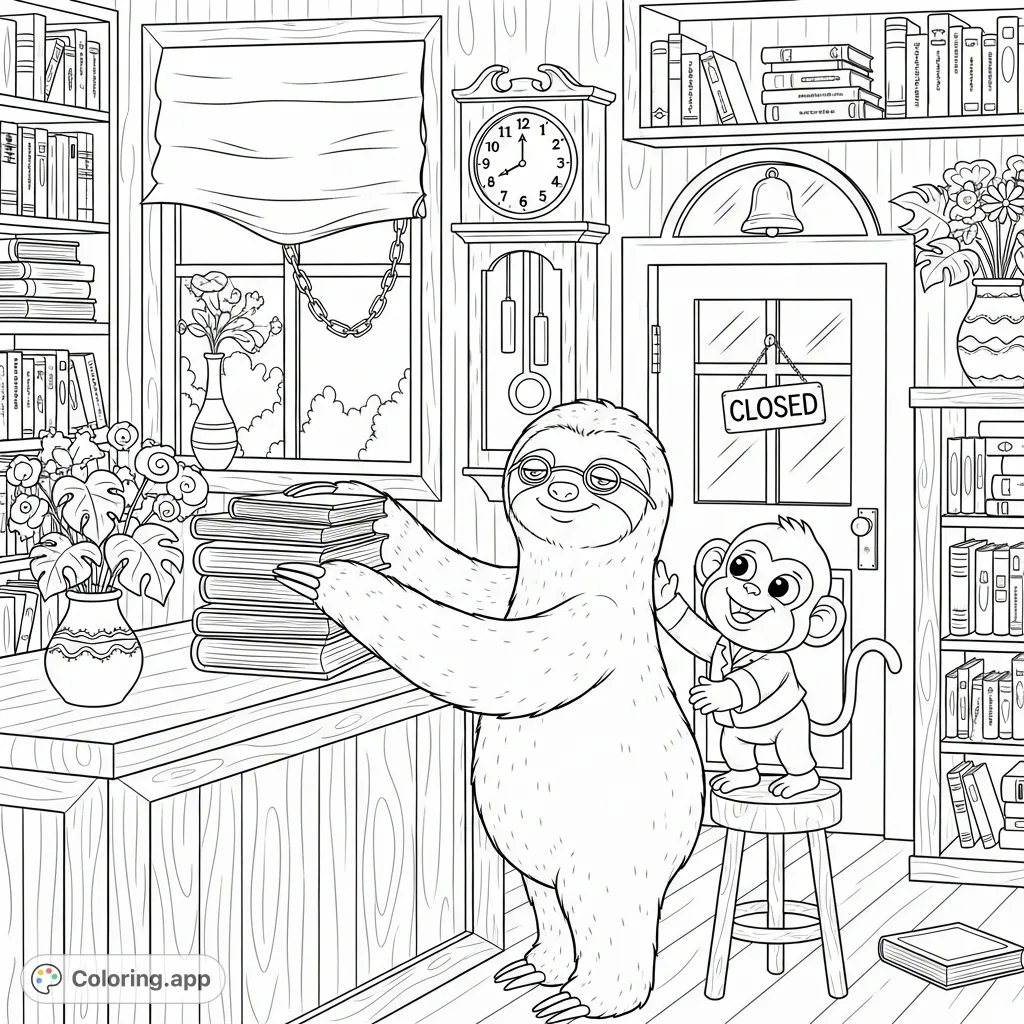 A charming library scene with a diligent sloth librarian and her lively monkey assistant tidying up and preparing to close for the night.