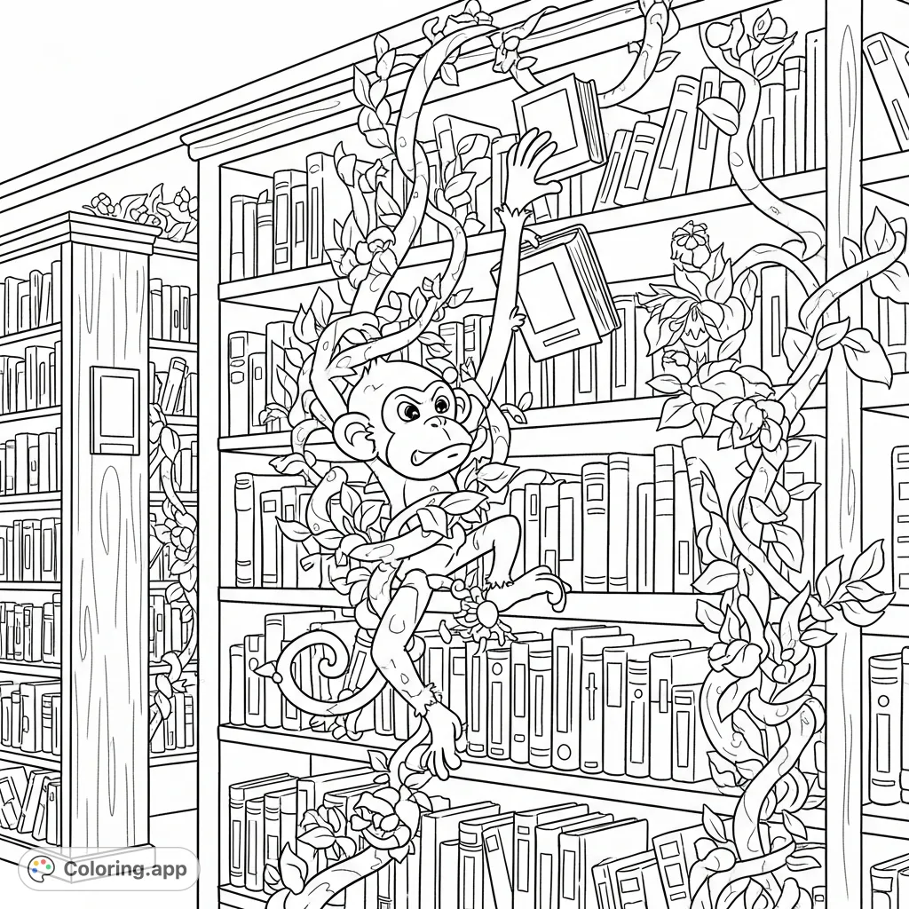 A charming library monkey assistant is comically tangled in vines, reaching for high books on tall shelves in this whimsical coloring page scene.
