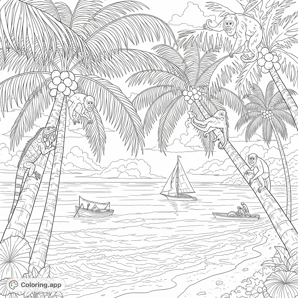 Explore a detailed tropical Costa Rican beach scene featuring swaying palm trees with coconuts, howler monkeys, an iguana, and various boats on the ocean.