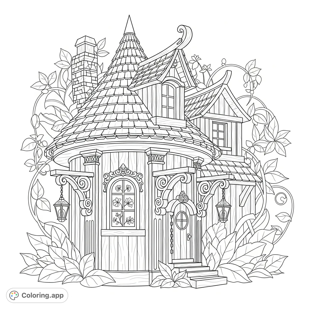 An intricately detailed whimsical dwelling with a multi-layered roof, ornate facade, and lush foliage. A magical forest home for imaginative coloring.