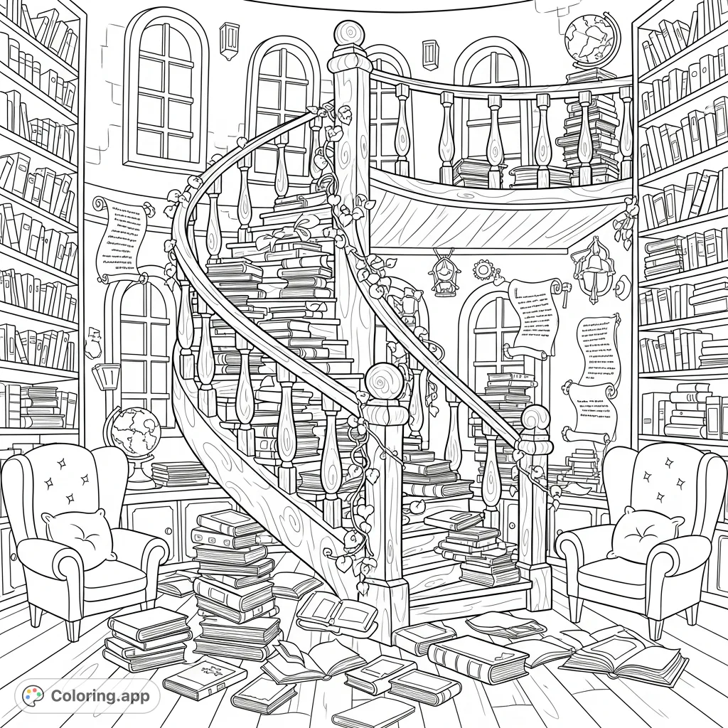 Explore a magical spiral staircase overflowing with books in a charming, whimsical library. A delightful escape for book lovers!