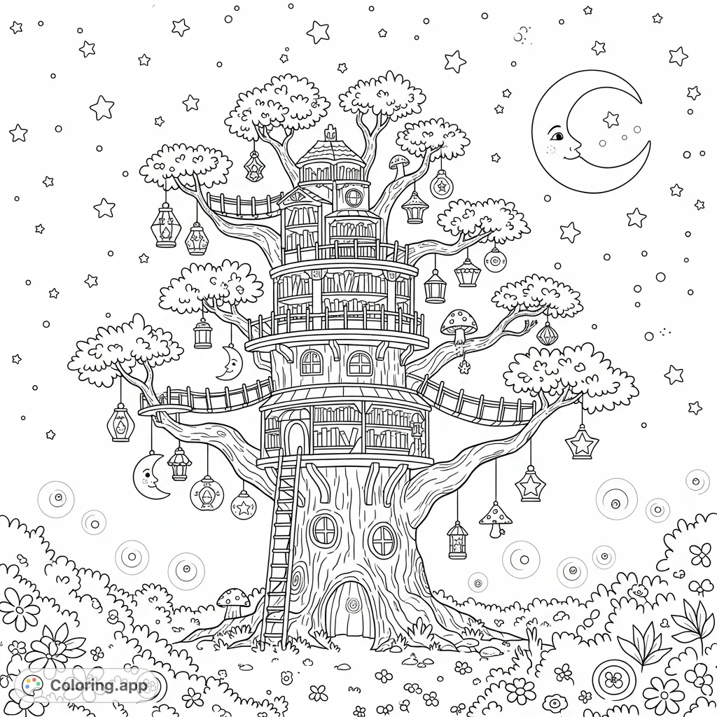 Explore the magical Whispering Tree Library at night, illuminated by glowing lanterns, fireflies, and celestial bodies in a detailed forest scene.