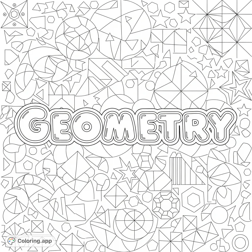 Explore the fascinating world of shapes with our Geometry coloring page. Featuring 'Geometry' in bubble letters and a background filled with diverse geometric patterns.