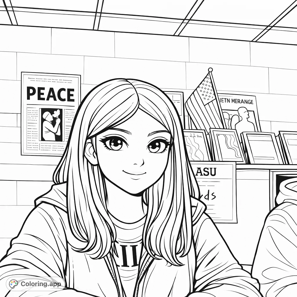 A young person with a calm smile, surrounded by books and a "Peace" poster, capturing a moment of quiet reflection in a studious setting.