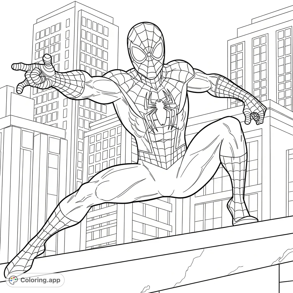 A dynamic, spider-themed superhero stands ready on a rooftop, overlooking a detailed cityscape. Perfect for fans of action and intricate web patterns.