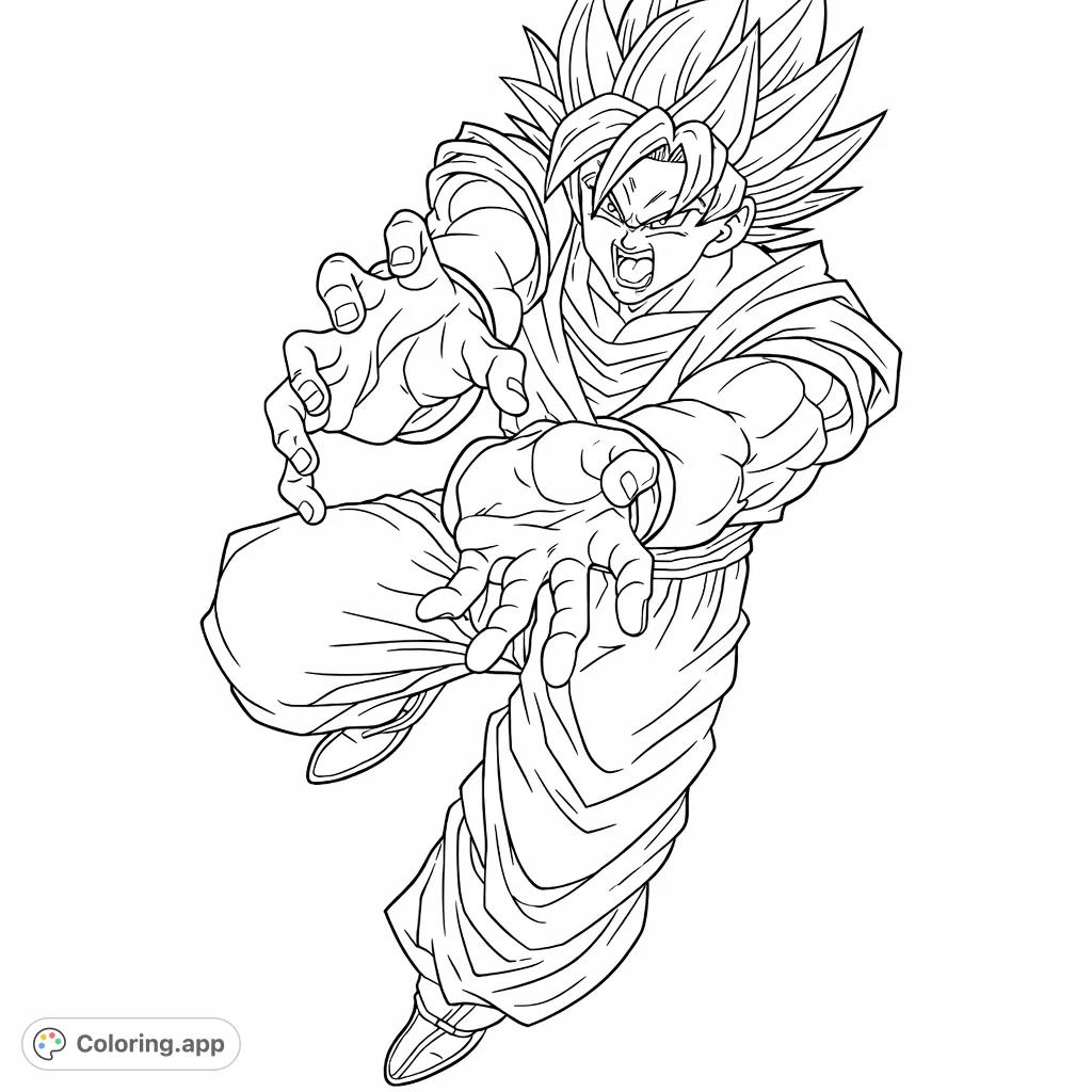 An epic anime warrior in a powerful Super Saiyan pose, hands extended with intensity. A dynamic anime coloring page for fans to energize!