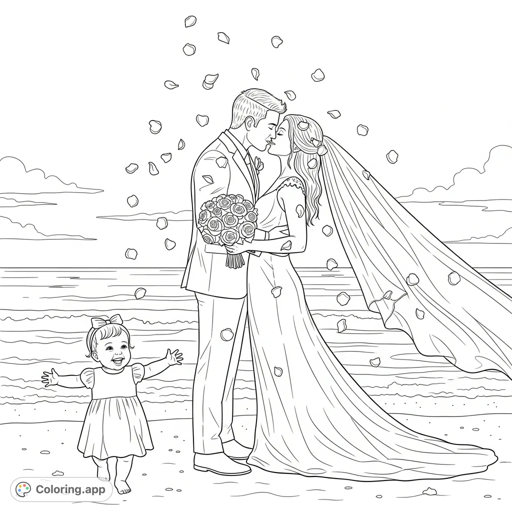 A heartwarming beach wedding scene featuring a loving kiss between the bride and groom, showered by rose petals, as their happy baby runs to join them.