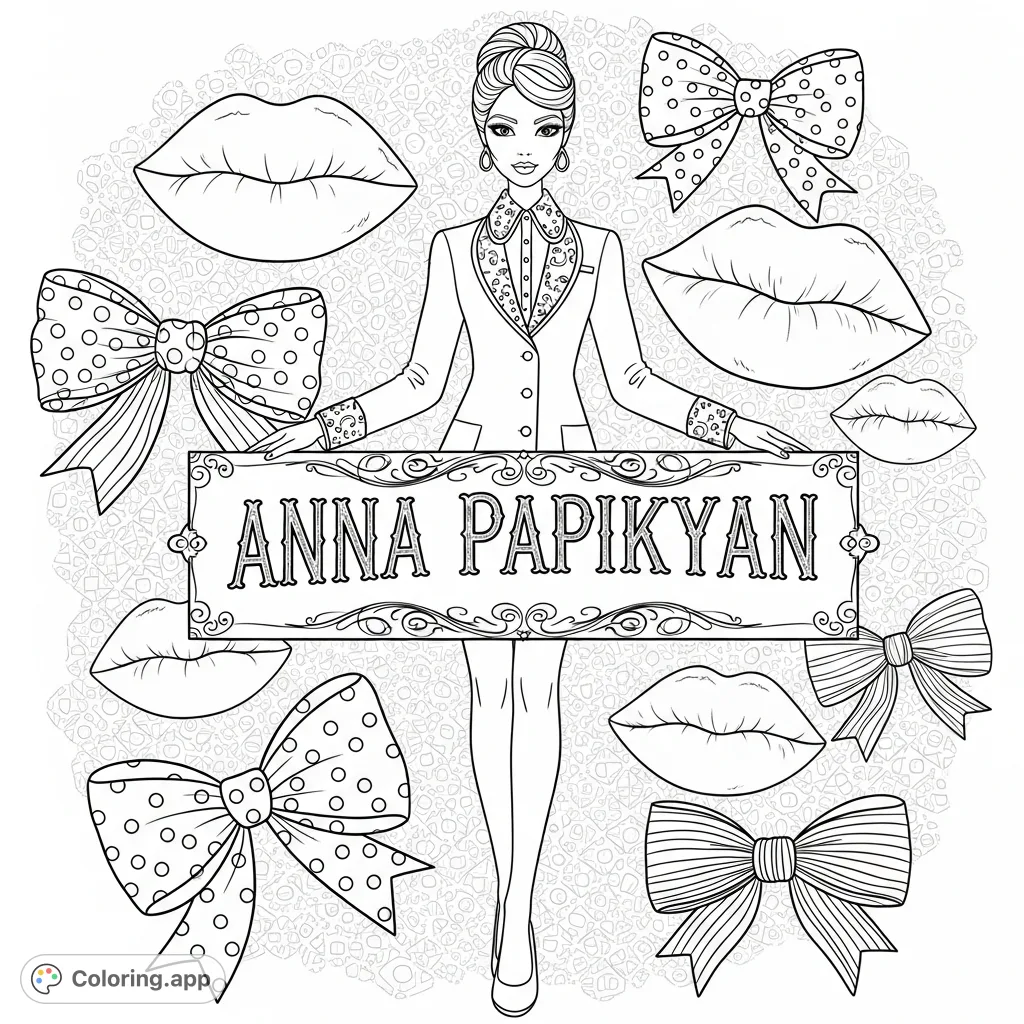 A chic girl holds a detailed banner with "ANNA PAPIKYAN" text, surrounded by cute lips and intricate, patterned bows against a geometric background. Perfect for fashion enthusiasts.