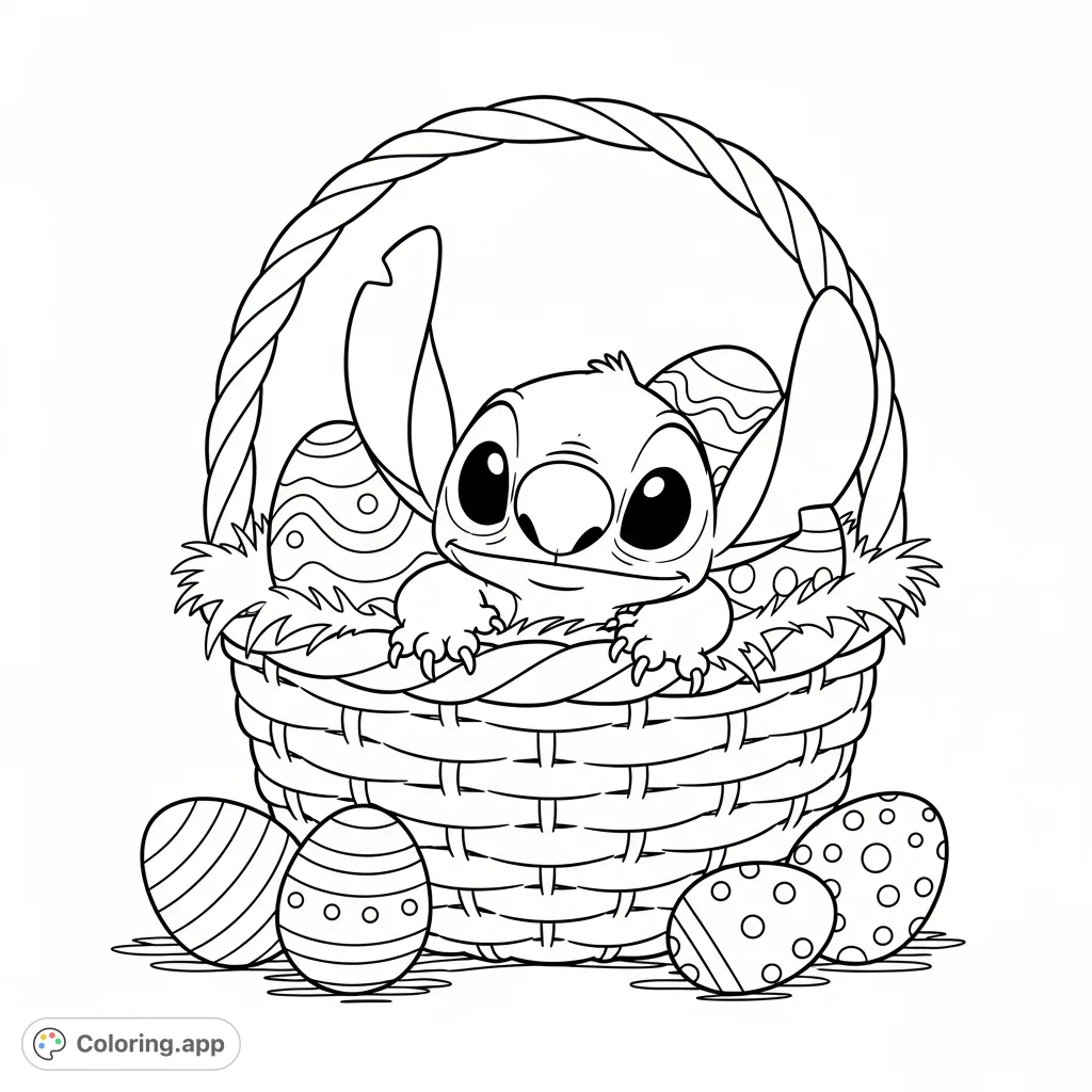 A delightful Stitch coloring page featuring the mischievous alien peeking from a festive Easter basket filled with patterned eggs. A charming scene for all fans!