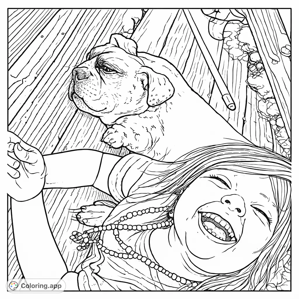 A heartwarming free printable coloring page showcasing a joyful child with a beaded necklace and their spotted dog companion relaxing on a wooden deck. Perfect for animal lovers and detail enthusiasts.