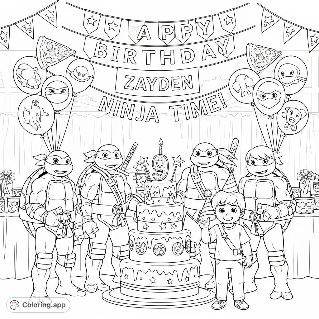 Join Leonardo, Donatello, Michelangelo, and Raphael for Zayden's 9th birthday party, complete with a celebratory cake, pizza, and festive decorations.